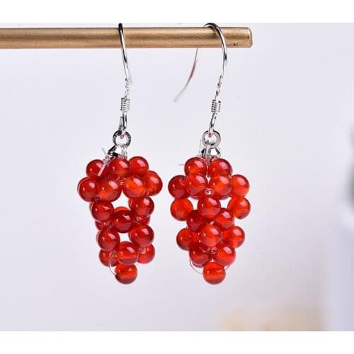 Natural Wine Red Garnet Hand Carved GRAPE EARRINGS Fashion Boutique Jewelry Mens and Womens 925 Silver Inlaid Earrings