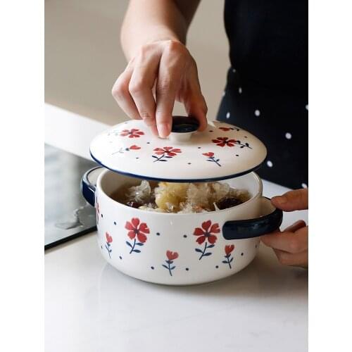 6 inch soup bowl with lid double handgrip hand painted ceramic floral under glazed creative desserts ramen bowls 520ml