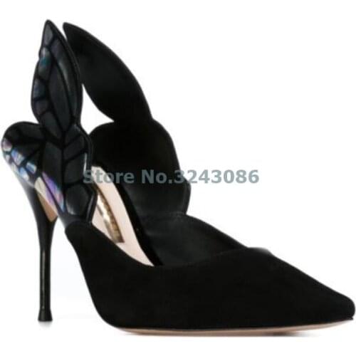Pointed Toe Slingback Thin High Heel Pumps Black Suede Butterfly Wing Stiletto Heel Pumps Slip On Elegant Banquet Shoes