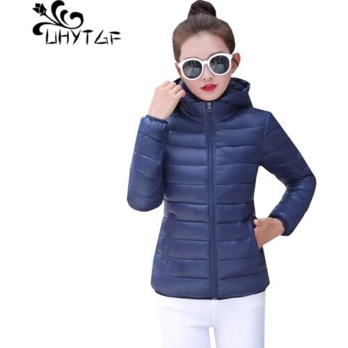 UHYTGF Womens winter Down jacket Thin light student short coat Fashion hooded casual 4XL plus size down cotton famale jaket 239