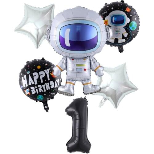 GIHOO 6pcs Outer Space Theme Happy Birthday Balloons Black Number Foil Balloons 1st Birthday Party Decorations Kid Gifts Globos