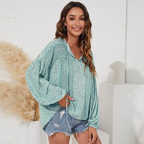V-neck Cotton Shirt Women Sweet Tops Blouse 2021 Spring Floral Print Long Sleeve Casual Loose Slim Lady Clothes