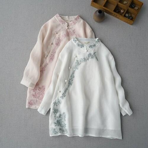 Womens cool ramie seven point sleeve shirt womens spring and summer oblique half open thin linen flower embroidery top