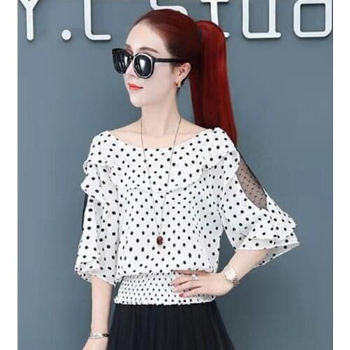 Womens Spring Summer Style Blouses Shirt Womens O-neck Off Shoulder Ruffles Polka Dot Korean Casual Tops SP8727