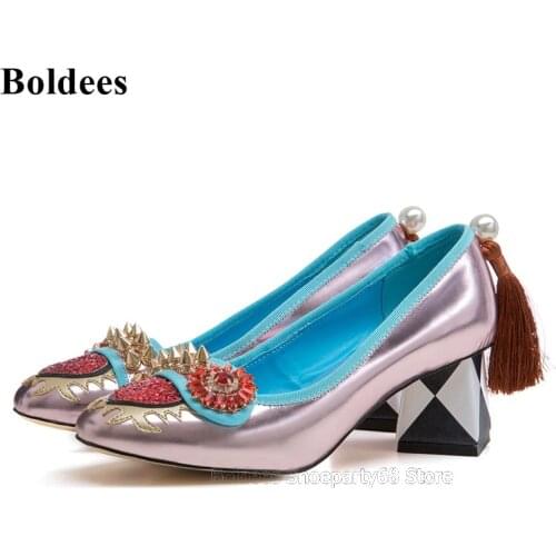 Retro Designer Block Heeled Red Heart Toe High Heel Shoes Woman Patent Mirror Leather Rhinestone Pearls Tassel Party Dress Shoes