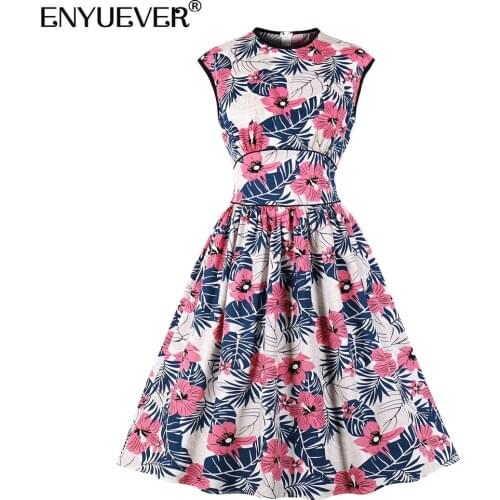 Enyuever Women Dress Sleeveless Cotton Robe Pin Up Swing Vestido Floral Print Casual Vintage Dresses 50s 60s Retro Clothes
