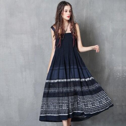 2021 Summer Indie Folk A-Line Spaghetti Strap Embroidery Big-Swing Dresses Midi Woman Dress 82037