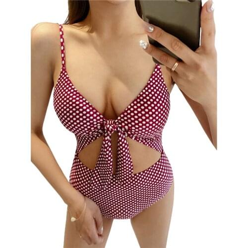2021 Sexy Women Deep V-neck One-piece Swimsuit Polka Dot Print Sleeveless Hollow Out Monokini Swimwear for Summer Bikini Biquini