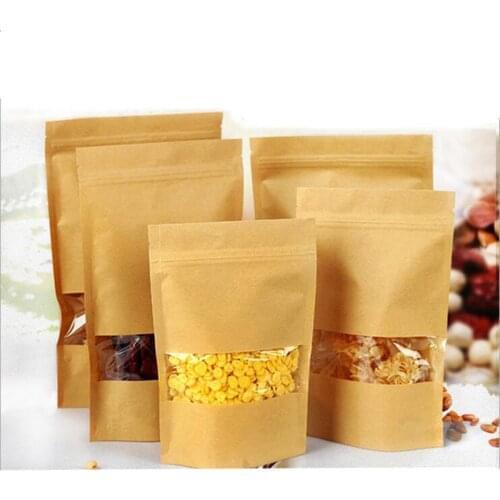 Factory stock many size 50pcs Brown stand up food grade Kraft paper Zip Lock bags with clear Window,Food zipper Bag Storage bag