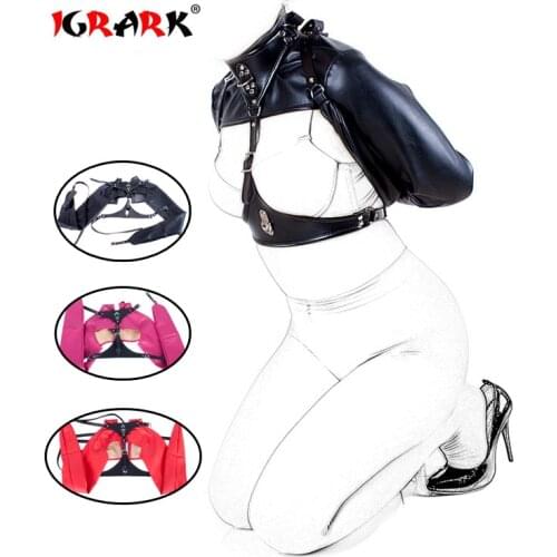 BDSM Bondage Restraint PU Leather Straitjaket Top Womens Open Cup Jacket Straight Body Binder Harness BDSM Role Play Costumes