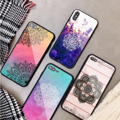 Mandala flower pattern Tempered Glass Phone Case For iphone 12 11 Pro Max 5 6 7 8 X XS XR XSMax Shell 12Pro Max Cover Shell