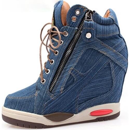 Big Size Women Denim Wedges Sneakers Autumn Platform Casual Shoes Fashion Woman Side Zipper Vulcanized Shoe Thick Bottom Sneaker