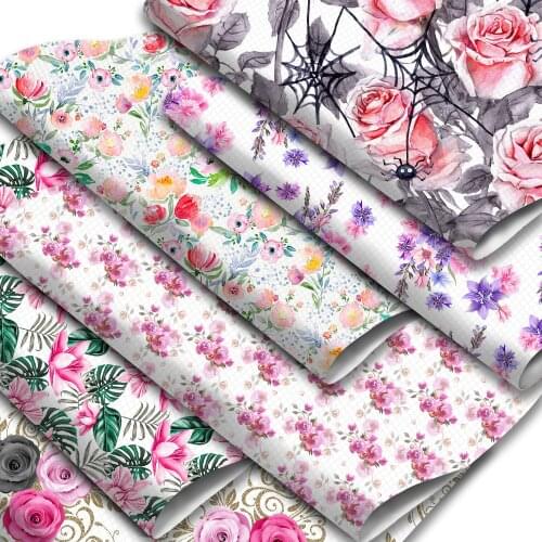 Spring Theme Faux Leather Sheets Flower Floral Printed Synthetic Leather Fabric 20x33cm for DIY Earringd Hair Bows Making