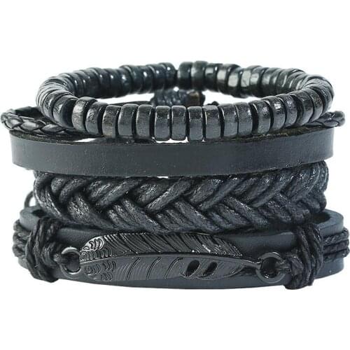 Fashion Punk Men Black Bracelets Set Feather Charm Beads Weave Leather Rope Cuff Bangles Wristbands Women Retro Vintage Jewelry