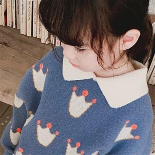 Cool Baby Girl Boys Lmitation Mink Casual Sweater Childrens Knitted Woolen Autumn/Winter Kids Cute Crown Blue Keep Warm Thicken