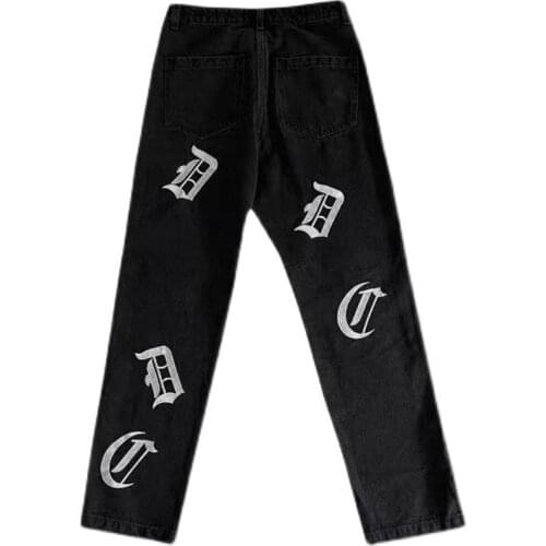 Letter Embroidered Jeans Mens and Womens Streetwear Vibe Style Loose Straight Side Zipper Trousers Throwback Retro Pants Black