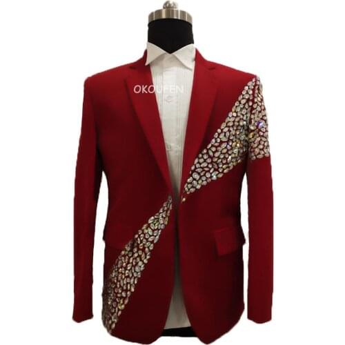 Mens Red sewing Diamond Suit Jacket Stage show Performance Dress studio celebrity host show wear nightclub bar singer dancer