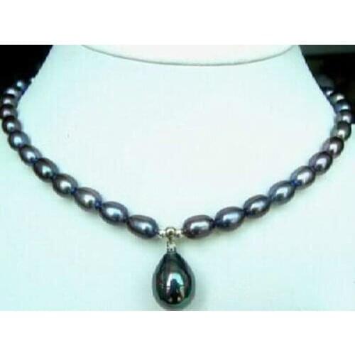 Charming!2015 new free shipping Real 7-8MM Black Akoya Cultured Pearl/Shell Pearl Pendant(12x16MM) Necklace 18"BV372