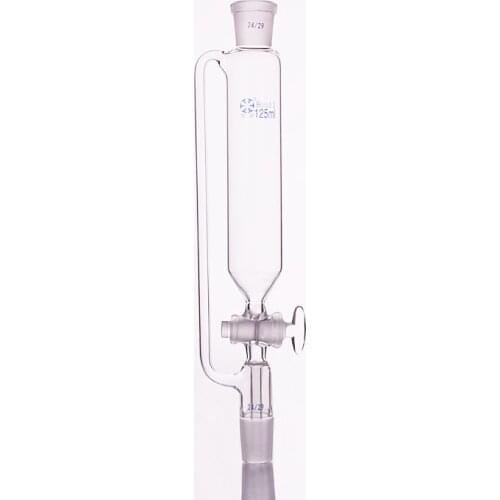 Separatory funnel constant pressure cylindrical shape,standard ground mouth.Capacity 125ml,Joint 24/29+24/29,Glass switch valve