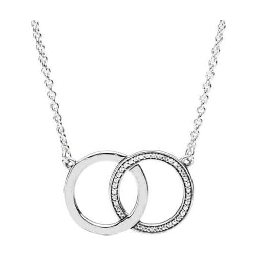 Original 925 Sterling Silver Two Interlocking Logo Circles With Crystal Pandora Necklace For Women Gift Diy Fine Jewelry