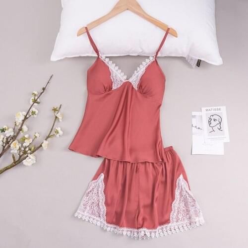 Pajama Sets Summer Solid With Short Pants Silk Sleepwear Femme Leisure Wear Grown Cool Nightwear Blue Red