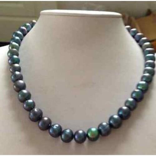 Stunning 9-10mm tahitian round black green multicolor pearl necklace 18inch 14k
