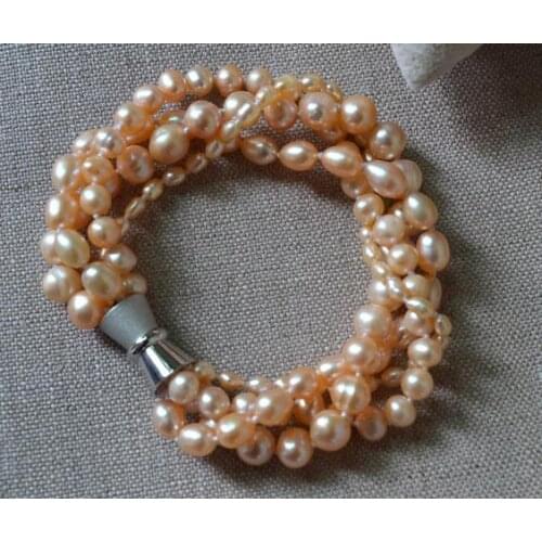 Pink Color Natural Freshwater Pearl Bracelet Fashion Ladys Wedding Party,Bridesmaid Jewellery,Girl Pearl Bracelet 4Rows 3-8mm