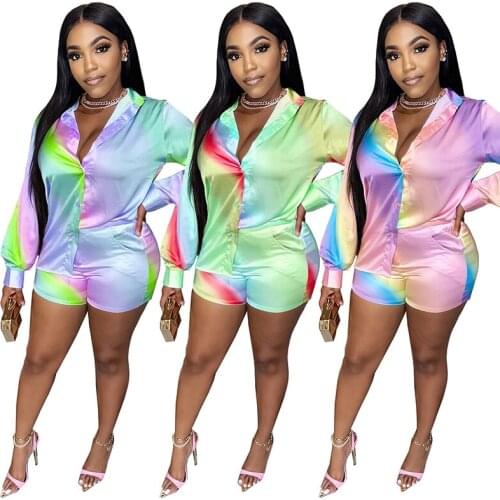 Tie Dye Printed Two Piece Tracksuit Autumn Buttons Silky Long Sleeve Turn Down Collar Shirt And Mini Shorts Matching Suit