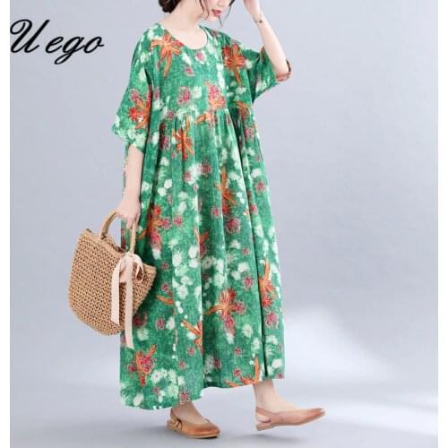 Uego Loose Casual 2021 Summer Print Floral Dress Holiday Oversized Beach Dress O-Neck Women Long Maxi Dress
