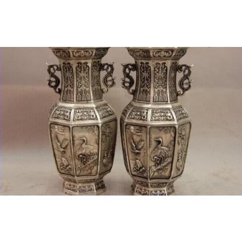 Song voge gem S1219 China White Copper Silver Bird Bat Crane Fish Rooster Eagle Pot Vase Pair