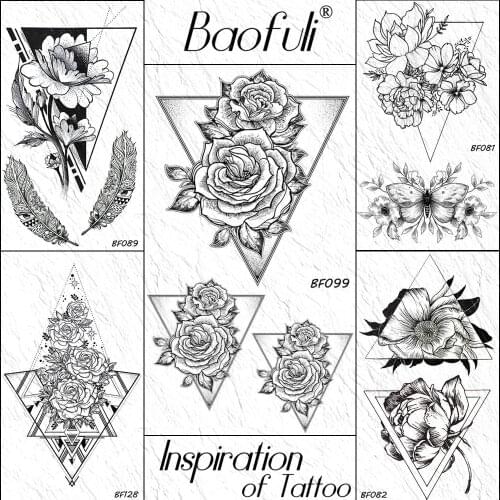 BAOFULI Triangle Rose Flower Temporary Tattoo Sticker Sketch Camellia Black Arm Tatoos Body Art Waterproof Women Fake 3D Tattoo