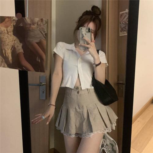 Fashion solid color khaki lace skirt women summer Korean cute womens clothing high waist sexy college style pleated skirt women