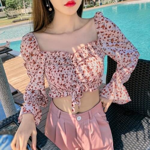Women Square Collar Blouses Small Floral Print Short Chiffon Shirt Sexy Sweet Pleated Blouse