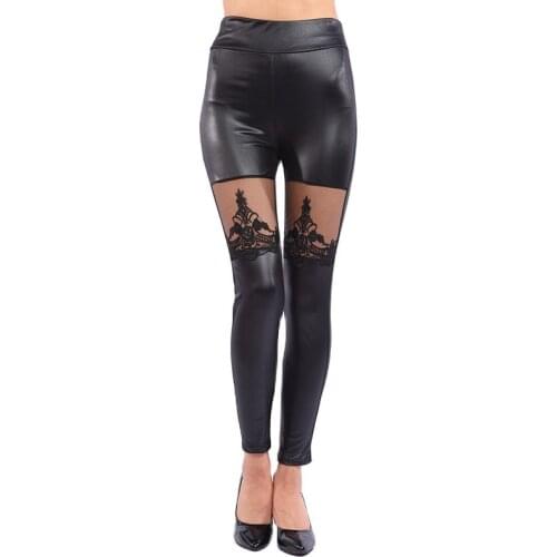 Women gothic floral lace large Leggings lady punk rock club party disco pants high wasit Skinny stretched imitation leather pant