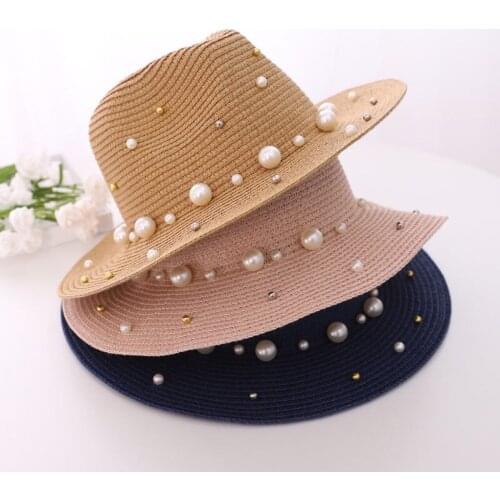 Women Beach Sun Hats Lady Casual Wide Brim Round Beads Pearl Decorative Travel Straw Visor Caps Panama Hats