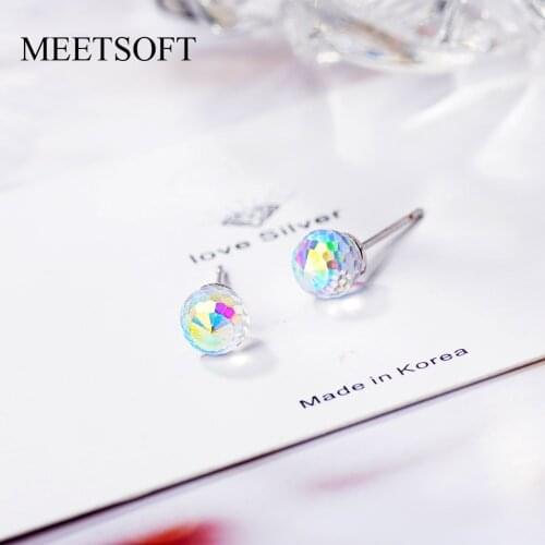MEETSOFT 925 Sterling Silver Prevent Allergy Stud Earrings for Women Design Trendy Small Gradient Crystal Orb Jewelry Gift