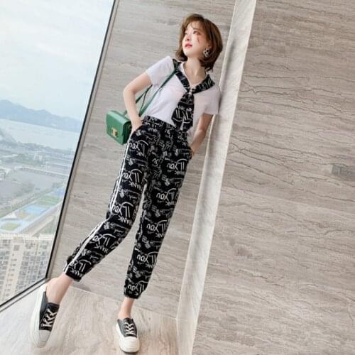 Awarose Fashion Print Summer Clothes Set Women Short Sleeve V-neck Tie T-shirt Elastic Waist Trousers Female Casual 2 Piece Suit