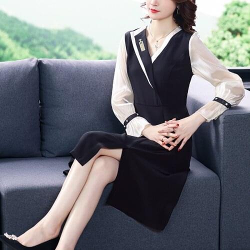 2021 Spring Patchwork Satin Black Midi Dress Autumn Vintage 3XL Plus Size Long Sleeve Dress Women Elegant Bodycon Party Vestidos