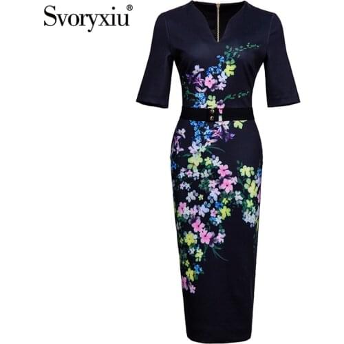Svoryxiu Designer Summer Fashion Office Lady Slim Dress Womens Short Sleev Flower Print V-Neck Sexy Dresses Vestdios XXL 2021