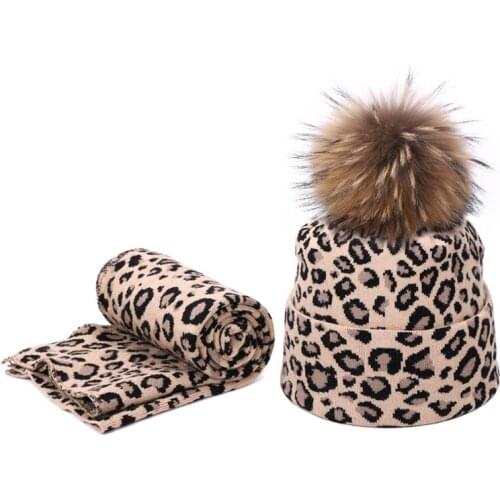 Winter Women Pompon Beanie Hat Scarf Set Leopard Sexy Outdoor Warm 2 Pieces Fur Pom Pom Hat Scarf Hedging Caps For Female Girls