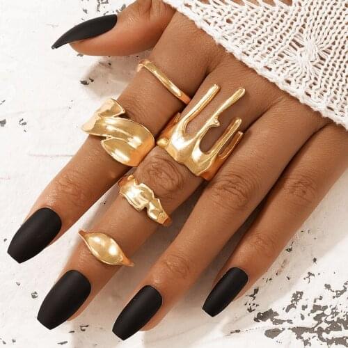 HuaTang 5pc/set Punk Irregular Geometric Joint Rings for Women Men Creative Gold Color Alloy Metal Ring Set Jewelry Party 18778