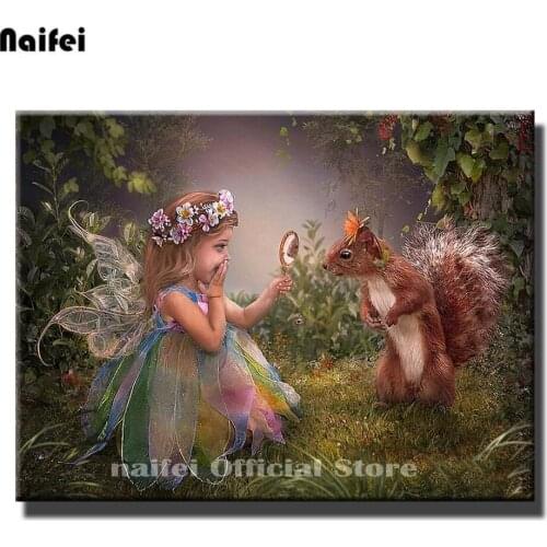 5D Diy Diamond Mosaic Cartoon Girl 3D Diamond Painting Square Round Rhinestone Diamond Embroidery Fairy And Squirrel Wall Art