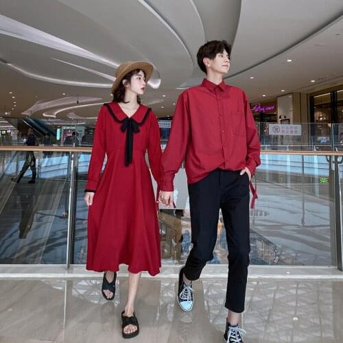 【 7522】Couples spring new French retro waist waist long show thin dress couples clothes couples clothing