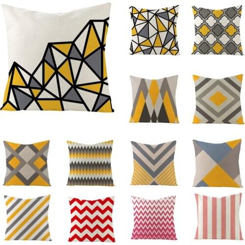 Modern Geometric Nordic Style Yellow Red Cushion Cover Hot Stripes Lattice Print Linen Pillowcase Couch Decorative Pillows Cover