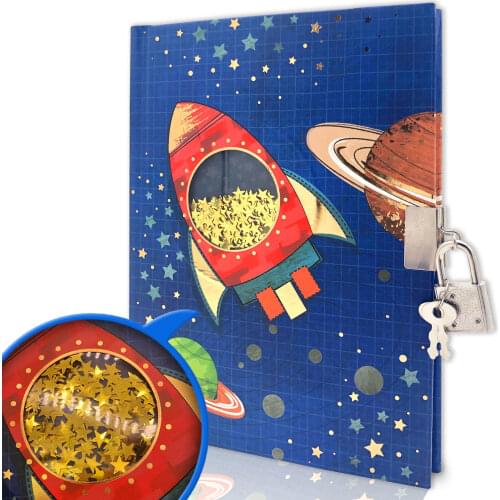 Kids Journal Lock Diary for Boys, Spacecraft Shakable Sequin Secret Personalized Notebook,Students School Office Supplies Gifts