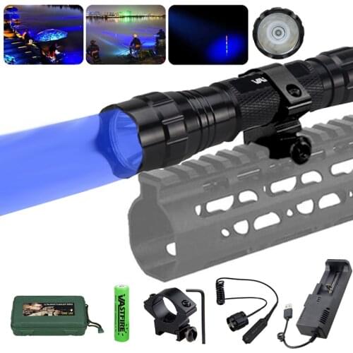 Blue Light Hunting Flashlight Predator Tactical Outdoor Hunting Camping Fishing Torch +Scope Mount+Charger+Remote Switch+Box