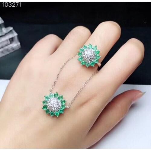 Natural green emerald Ring Necklace Natural Gemstone Jewelry Set 925 Silver Lovely round Sun flower Women party gift jewelry