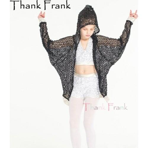Cool 3-Piece Set Sequin Jazz Dance Costume Girls Women Black White Big Mesh Hooded Modern Outfit Sexy Shiny Stage Dancewear C467