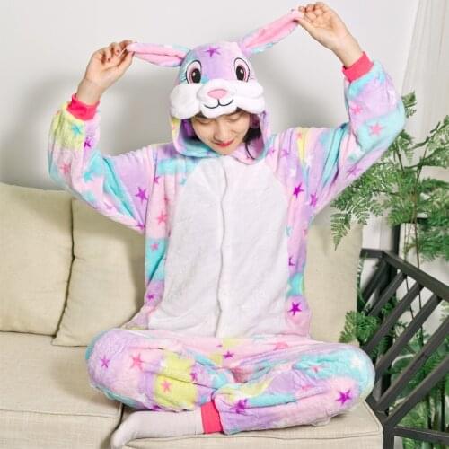 Cute Sleepwear Hooded Onesies Adults Cartoon Rabbit Star Pattern Flannel One-Piece Pajamas Animal For Women Home Wear Costumes