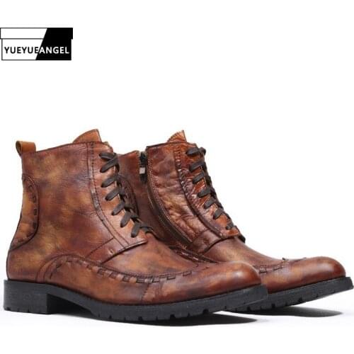 Casual Boots Men British Style Zip Work Shoes Vintage Handmade High Top 100% Real Leather Motorcycle Boots Black Brown